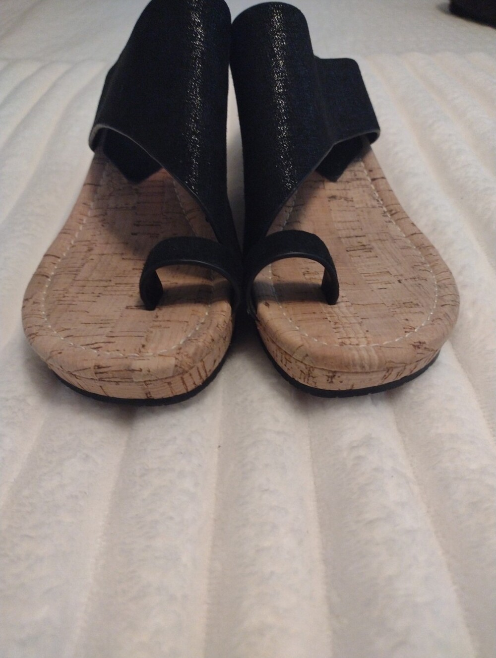 Donald Pliner Women 7 Gyer Cork Wedge Slip On Sandal Black Metallic One Toe Ring - Picture 7 of 13